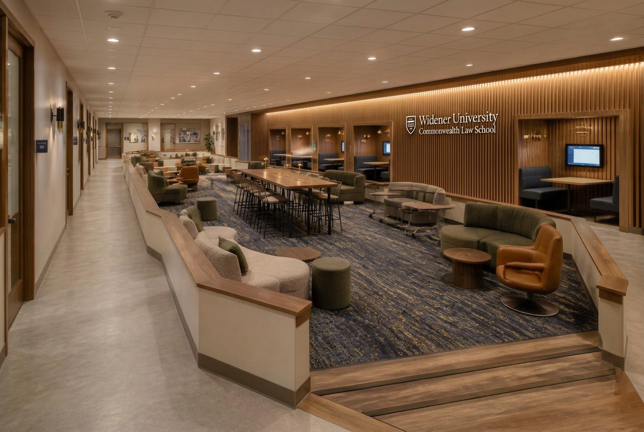 Overview of the sunken lounge with curved Allermuir soft seating and slatted meeting pods