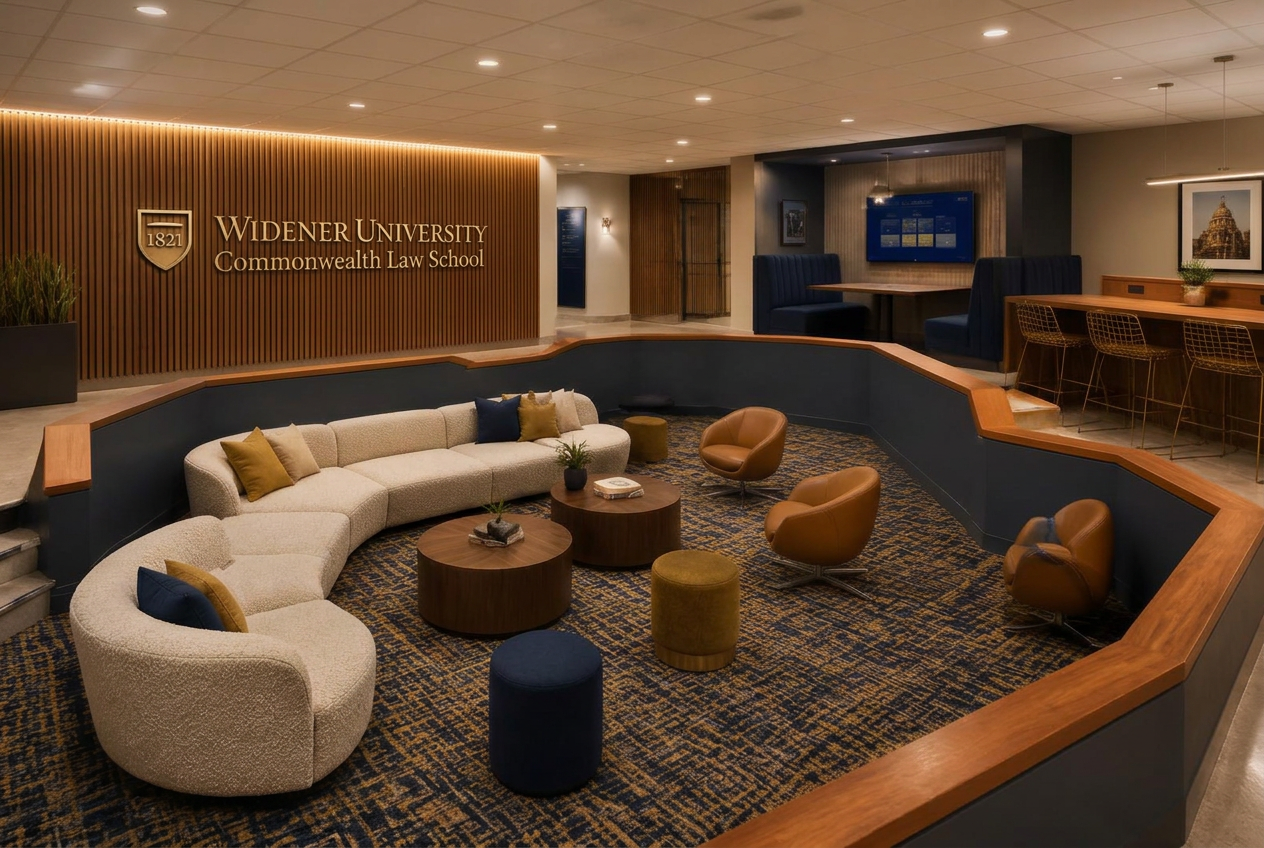 Semi-private student pod with fluted walnut screen, Clear Touch display and flexible tables