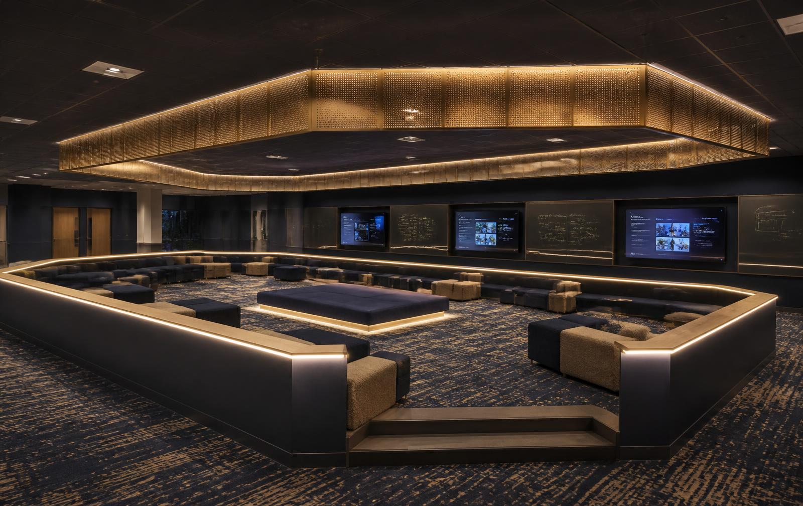 Overview of the Pit with a faceted luminous canopy following the room’s chamfered footprint over navy and champagne perimeter seating