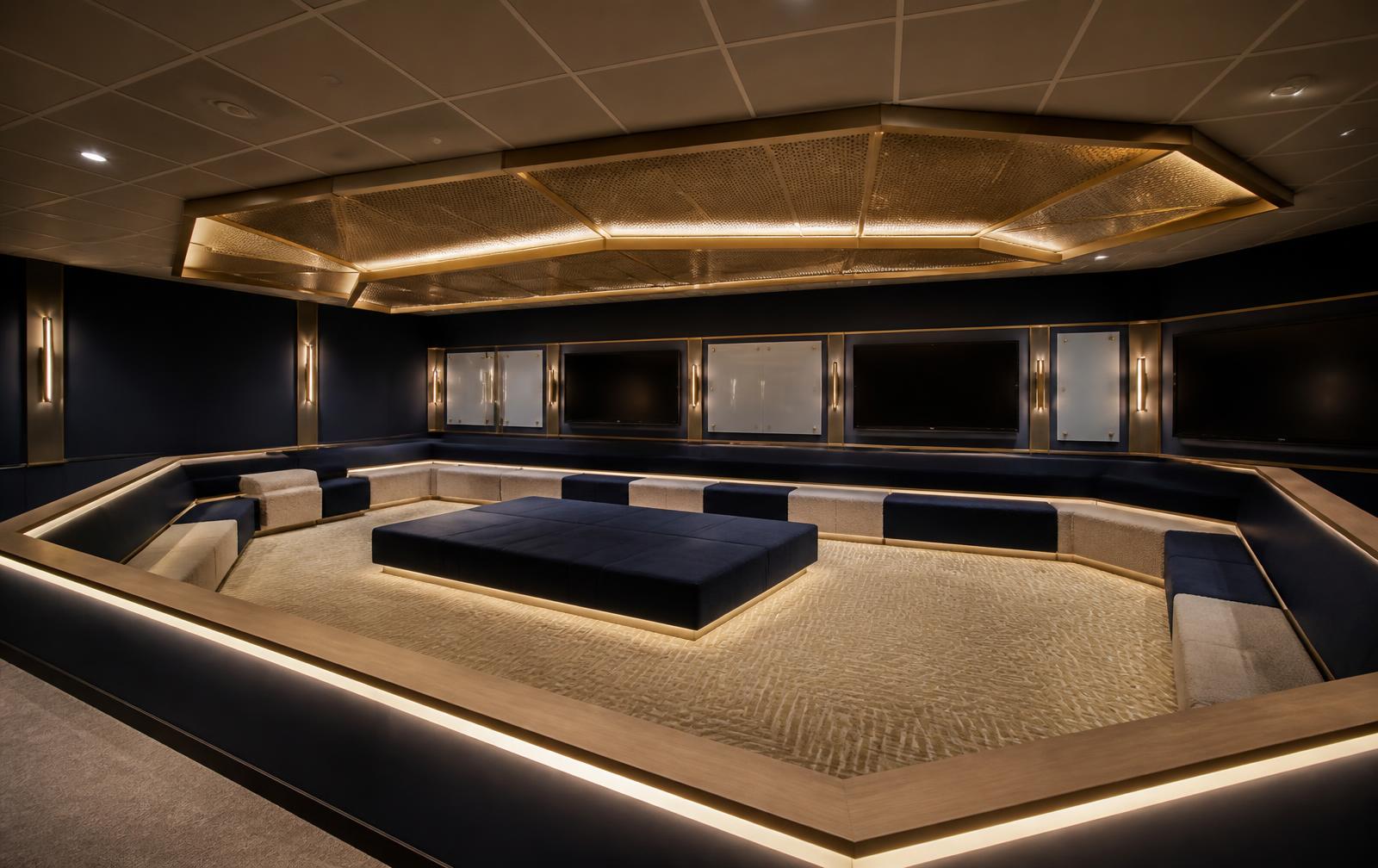 Central illuminated plinth, straight media wall of interactive displays and glowing guardrail ribbon