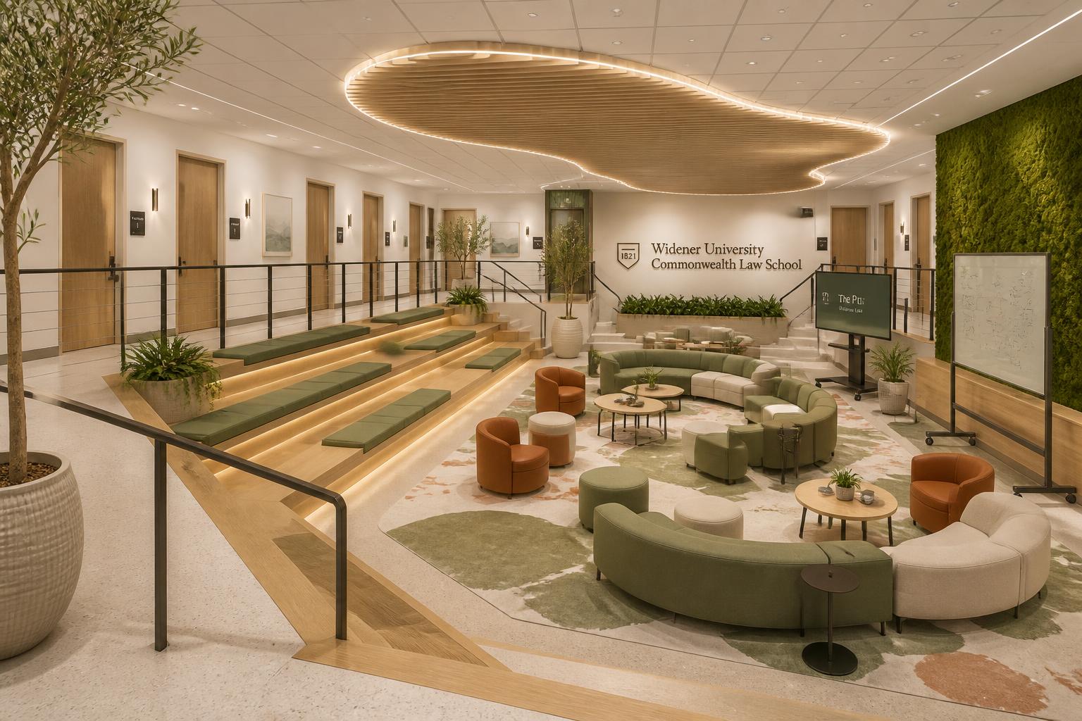 Overview of the Forum concept with tiered oak amphitheater seating and sage biophilic lounge