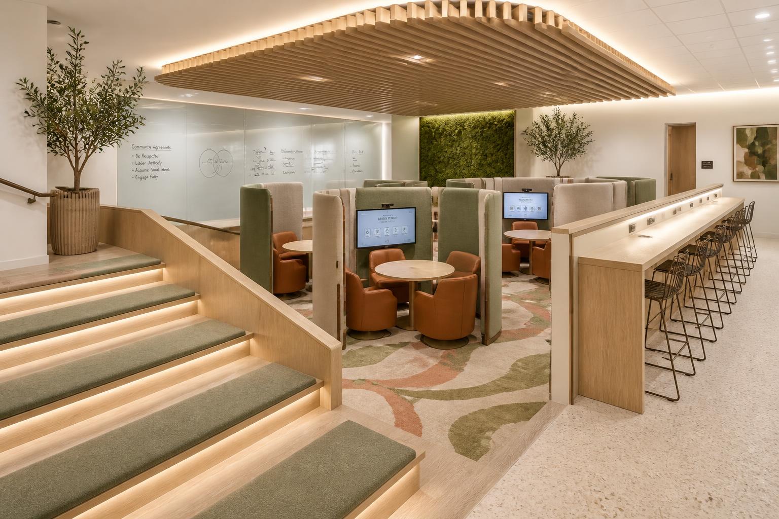 Acoustic felt meeting pods, oak touchdown counter and amphitheater tiers in the Forum concept