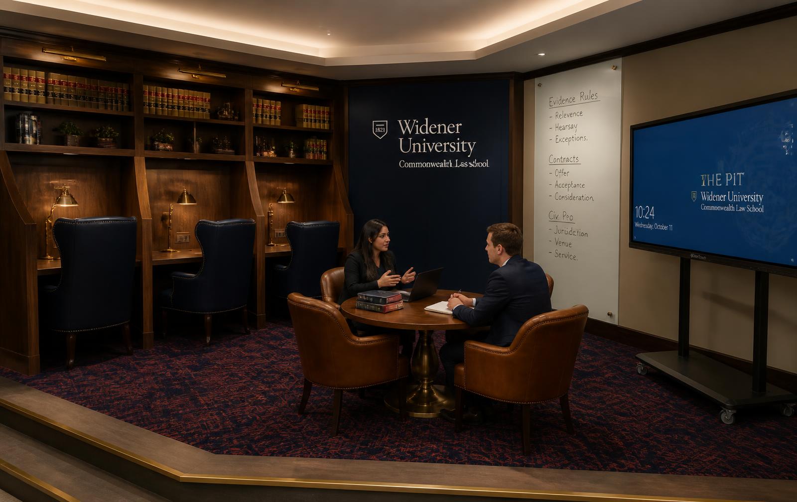 Built-in walnut study carrels with navy leather chairs and Clear Touch display in the Library concept