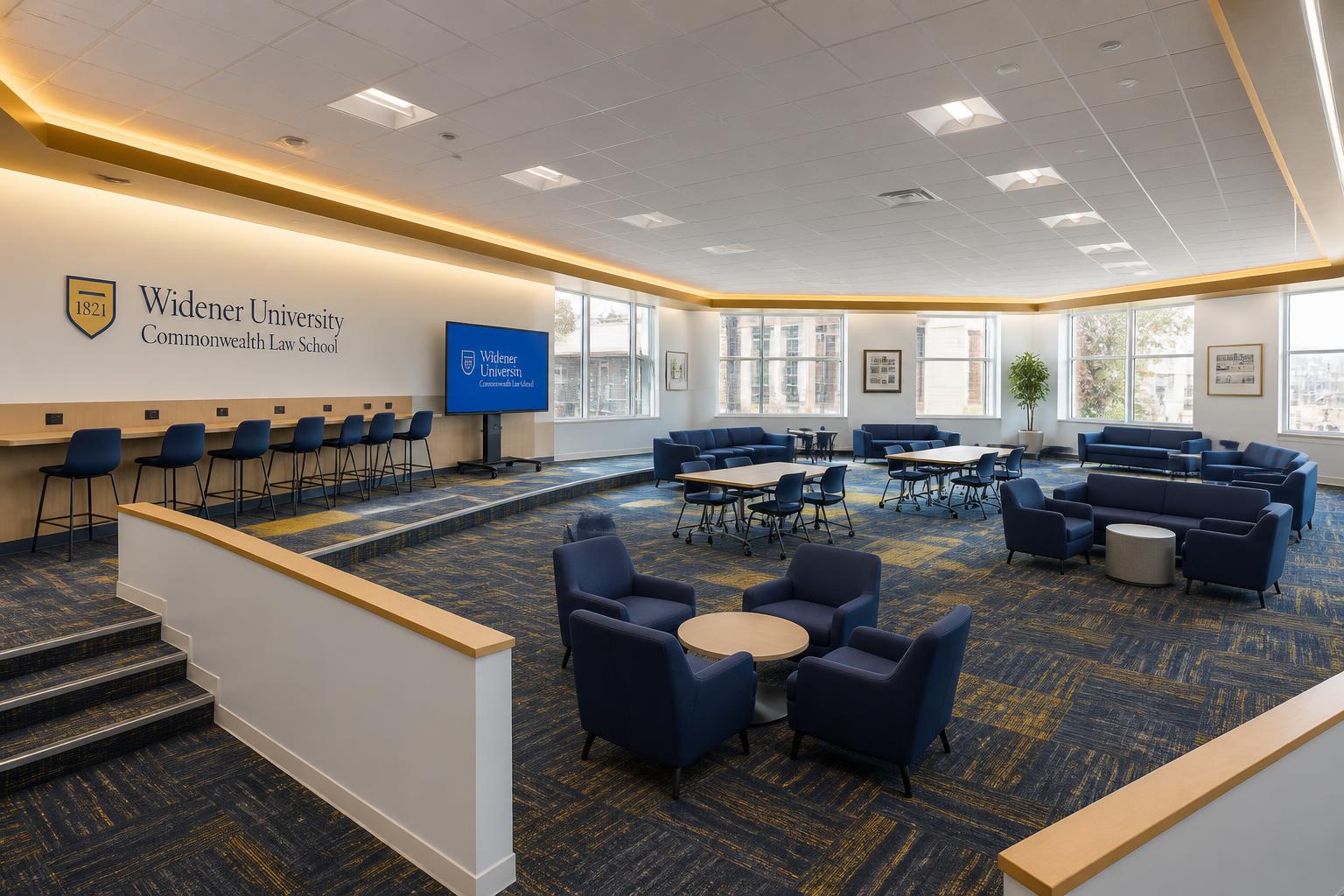 Light oak touchdown counter with navy stools and Clear Touch display in the Commons concept