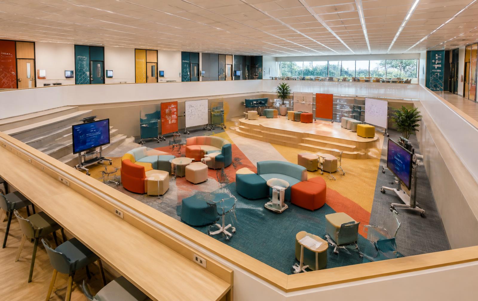 Overview of the Kit of Parts concept with modular seating clusters, mobile screens and an oak riser stage