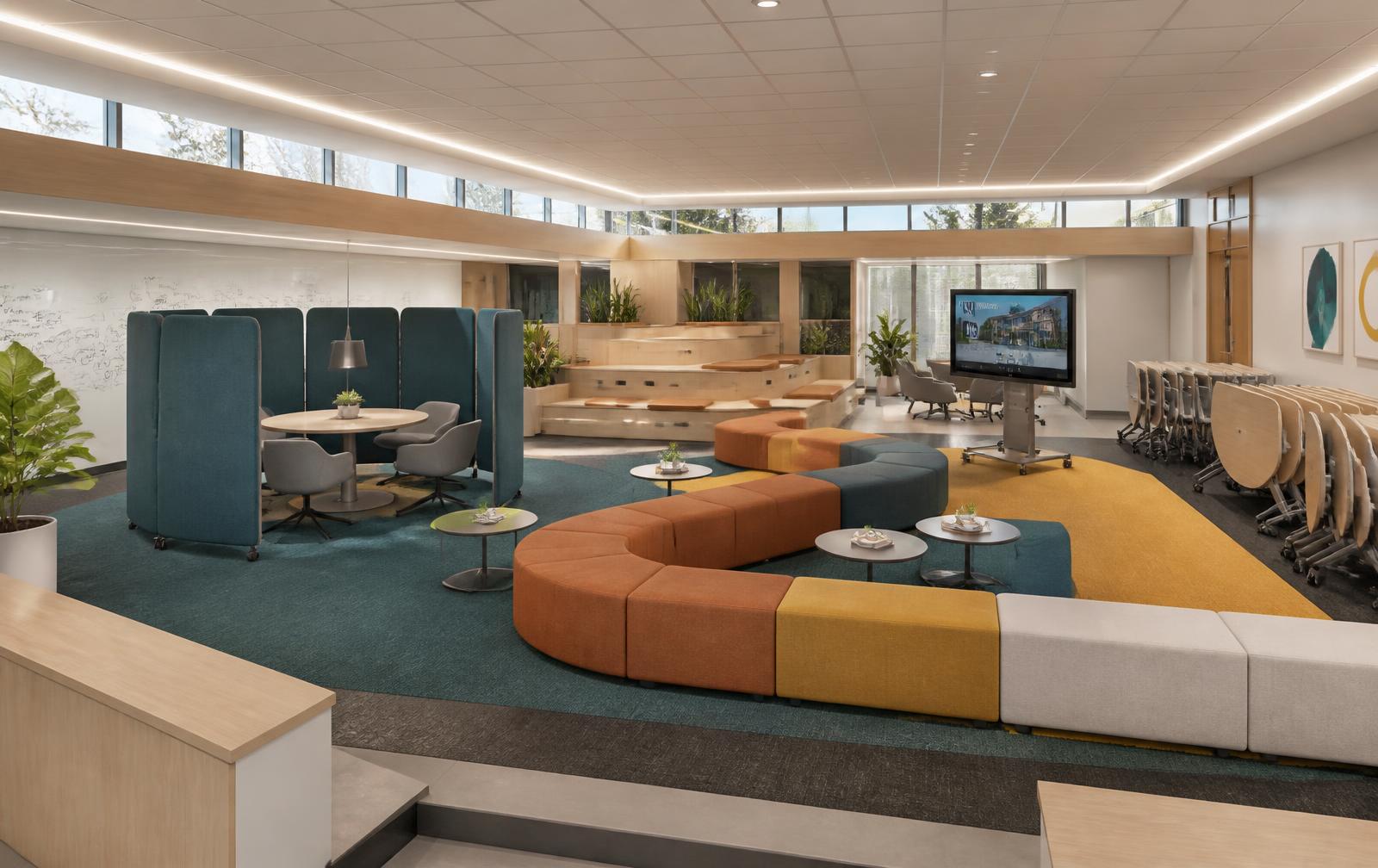 Serpentine modular seating island, mobile felt club nook and nested flip-top tables
