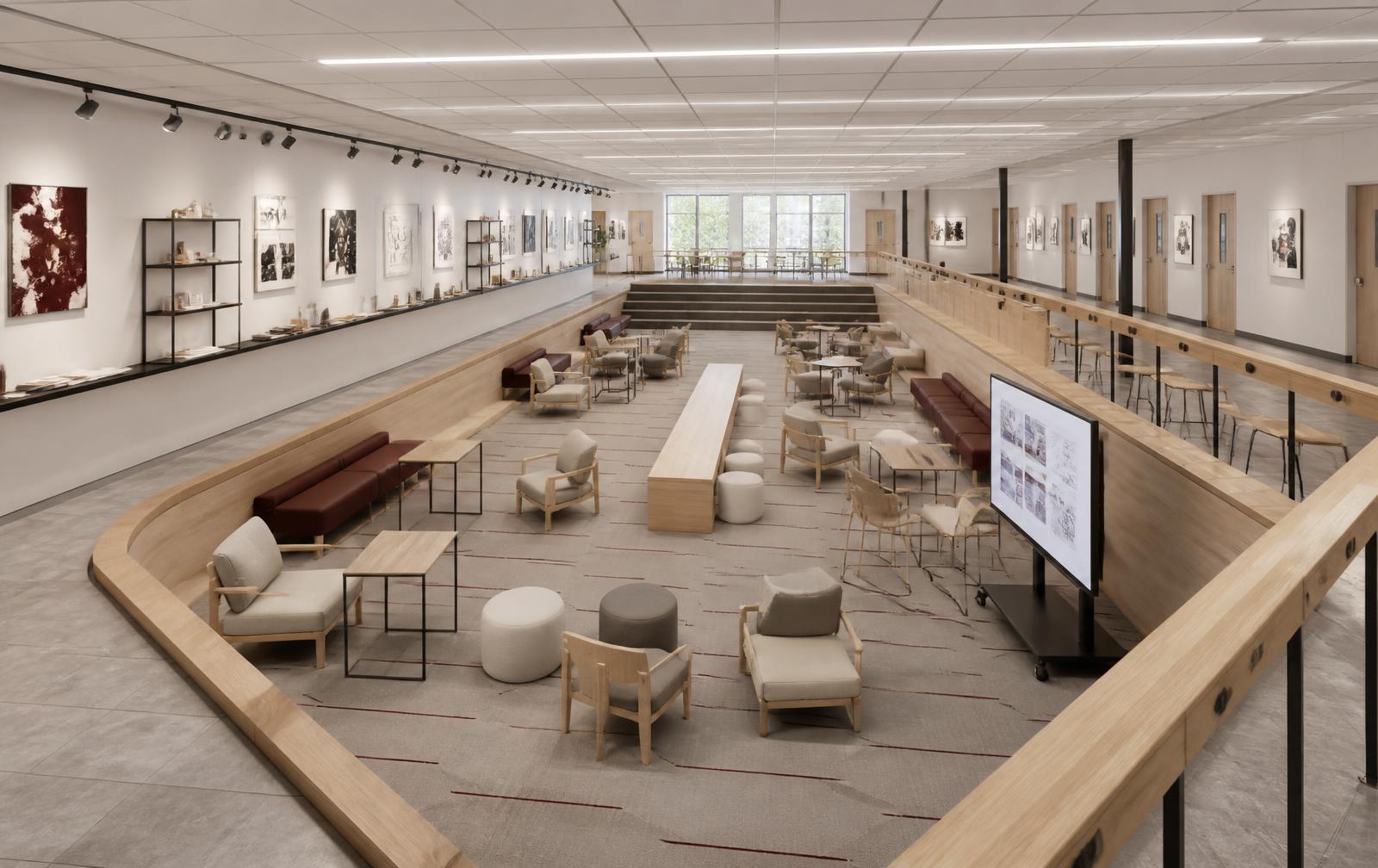 Overview of the Gallery concept with a white exhibit wall, track lighting and pale ash lounge seating