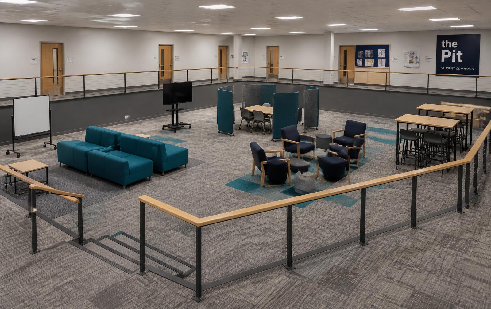 Overview of the Neighborhoods concept with four loose furniture zones and mobile felt screens