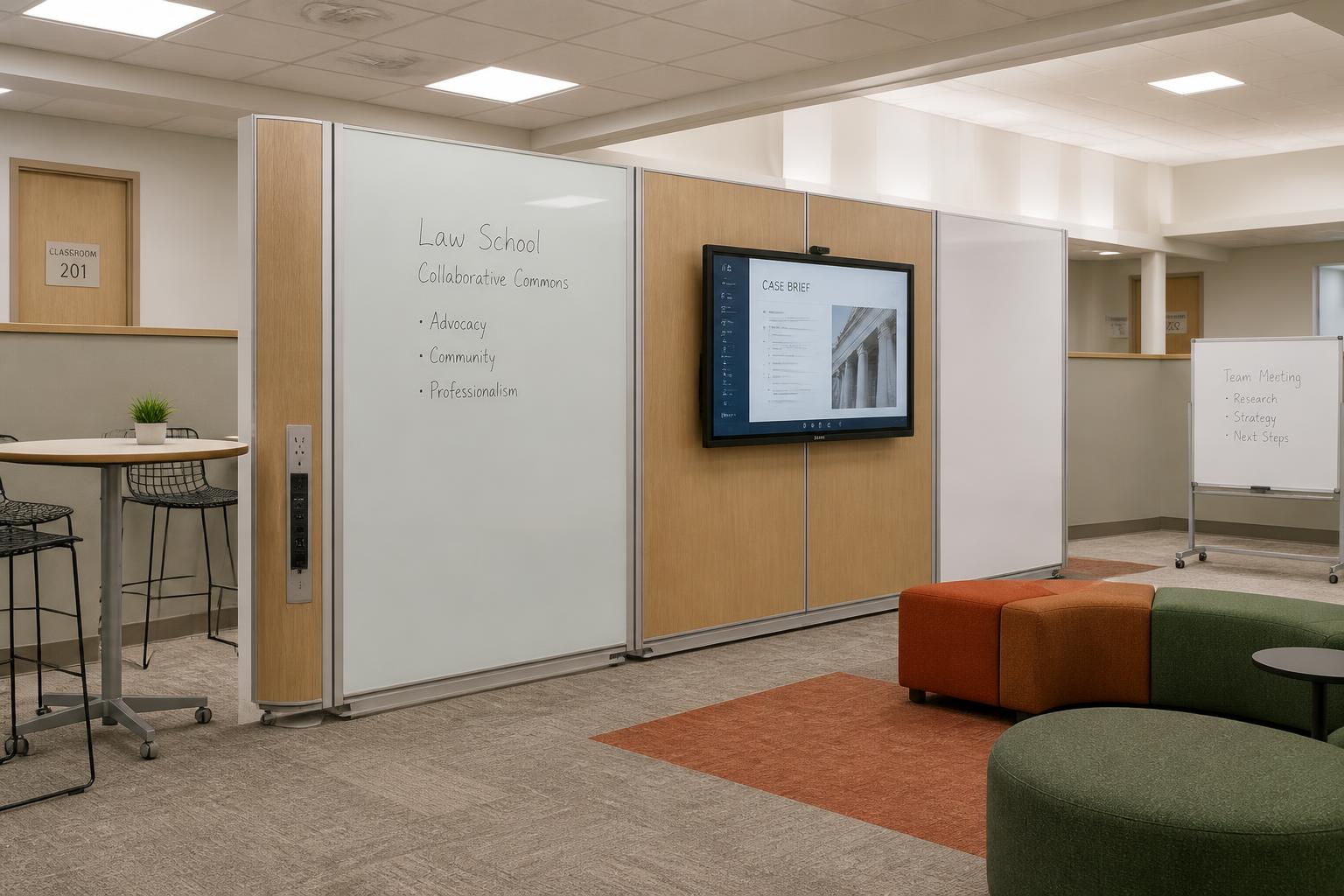 Close view of the KI movable wall panels with writable surface, integrated power tower and Clear Touch display