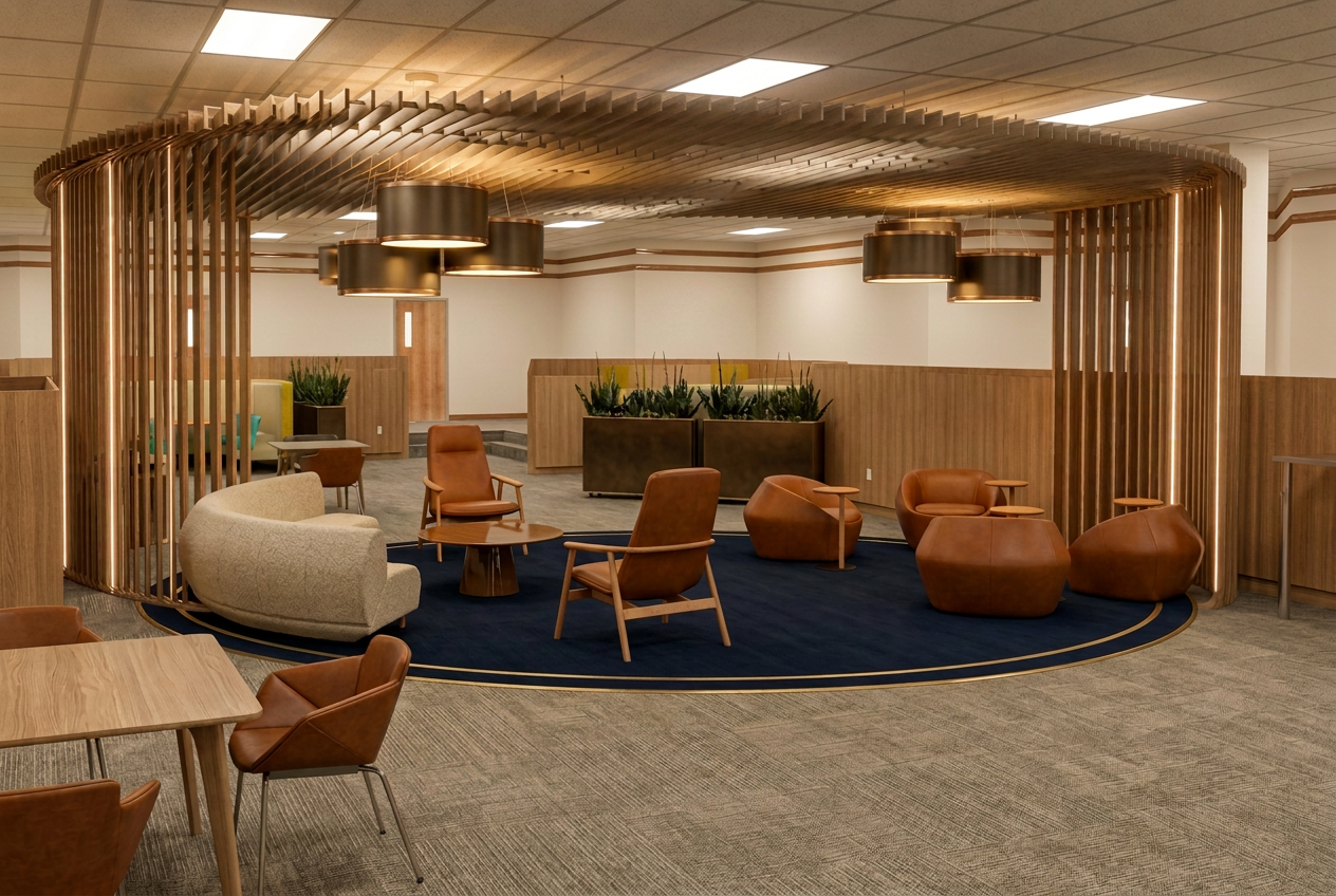 Round 2 concept: white oak slat drum enclosure over a navy carpet inset with gold border, oatmeal bouclé settee, cognac leather lounge chairs and bronze drum pendants