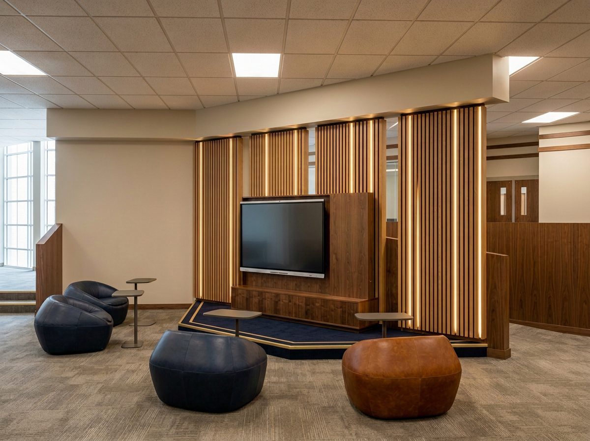 Round 2 concept: white oak slat feature wall with bronze reveals, Clear Touch display on walnut millwork credenza, oak platform with navy and gold inset and leather boulder ottomans