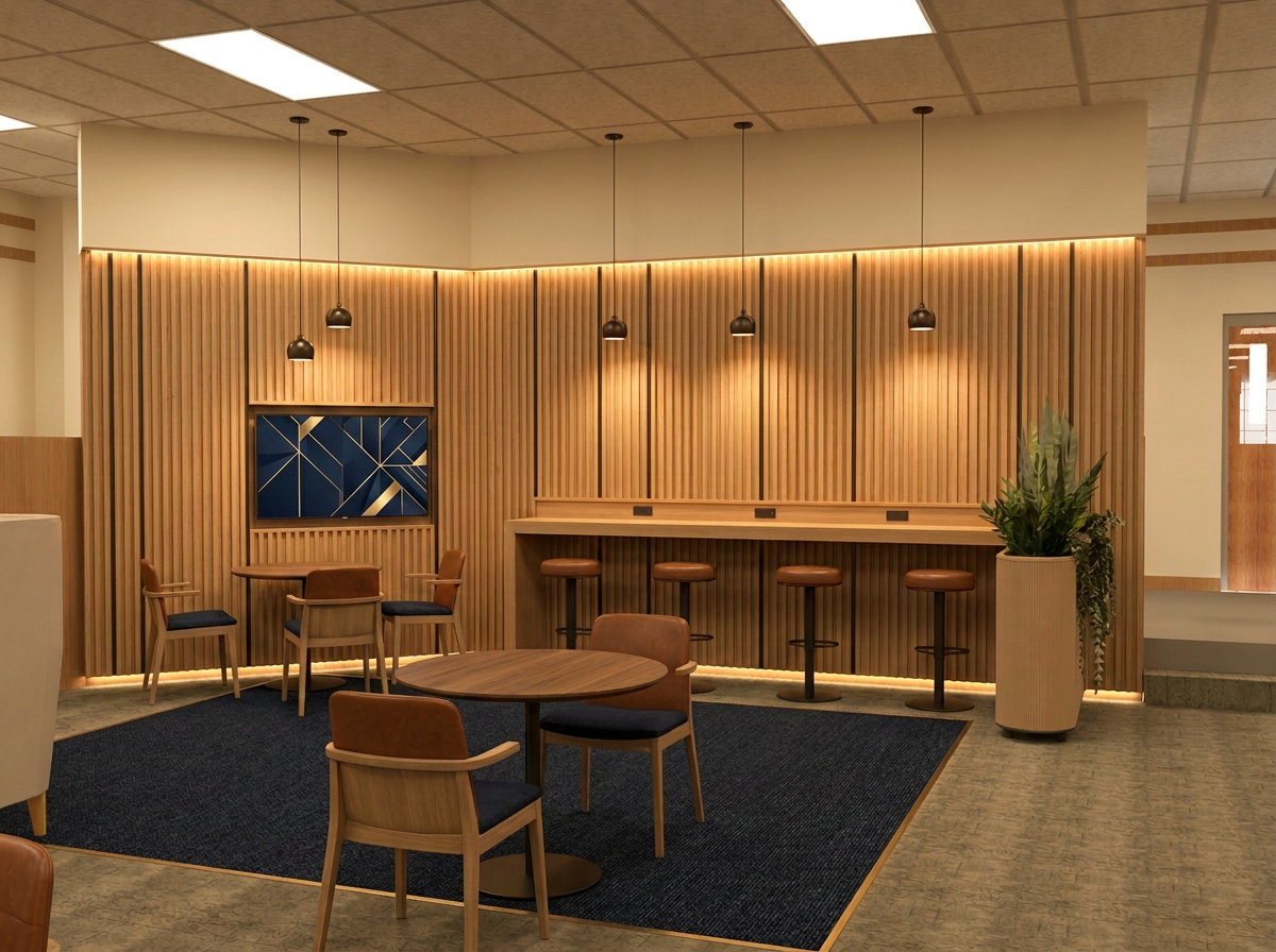 Round 2 concept: café and touchdown zone with full-height fluted oak wall, concealed power in an oak counter with leather stools, walnut café tables and cognac and navy wood-frame chairs