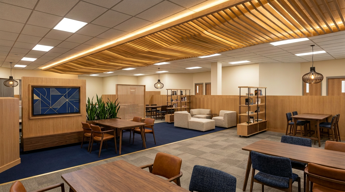 Round 2 concept: wide view with a faceted white oak slat ceiling canopy, oak and bronze open shelving, walnut flexible tables and oatmeal modular lounge on a navy carpet inset