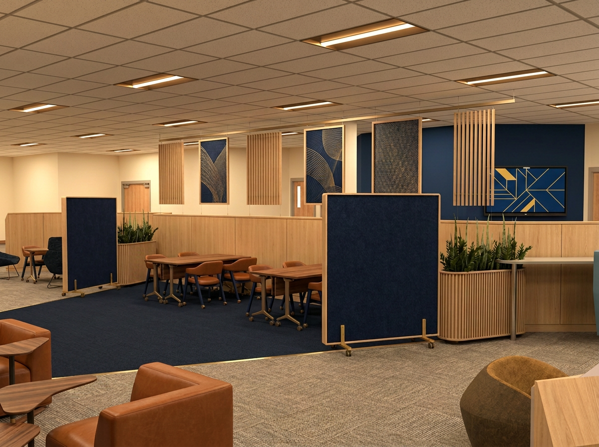 Round 2 concept: event mode with suspended oak slat fins and navy and gold graphic panels, mobile walnut flip-top tables and navy felt screens on casters