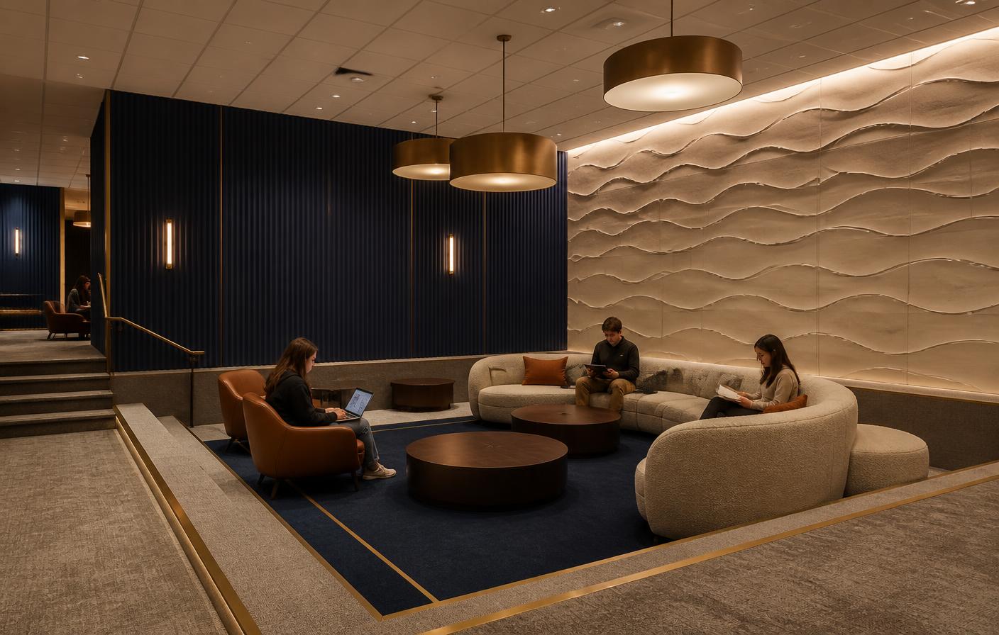 Zintra option: lounge with MDC Zintra vertical linear acoustic felt wall in navy and a Zintra 3D wave-relief felt wall in oatmeal, oatmeal boucle seating, cognac leather chairs and bronze drum pendants