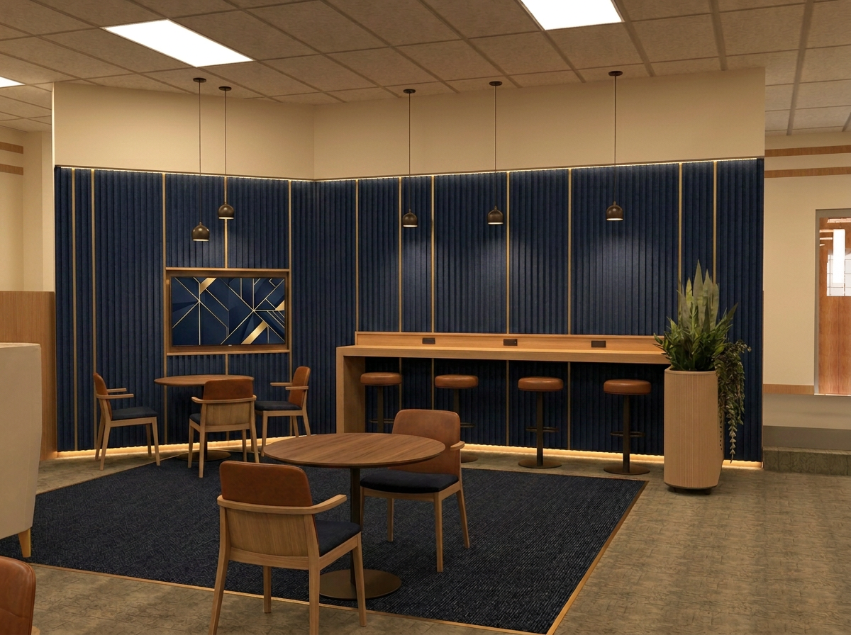 Zintra option: cafe and touchdown wall rebuilt in MDC Zintra navy linear acoustic felt with brushed gold reveals and a concealed glow at the base, oak power counter and leather stools