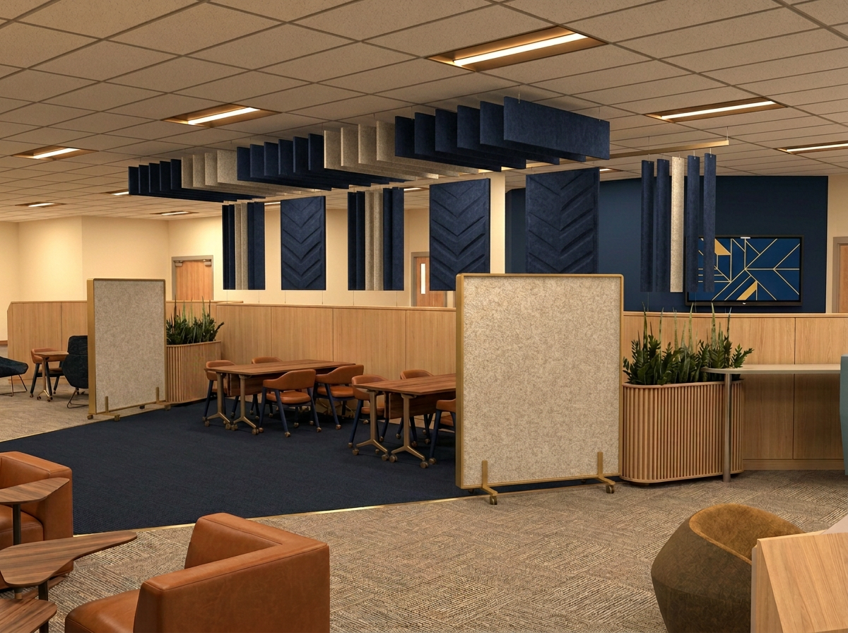 Zintra option: event mode with suspended Zintra acoustic felt baffle fins in navy and oatmeal, chevron 3D felt panels and mobile Zintra felt screens in gold frames