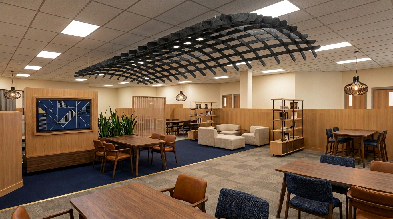 Canopy study: the overhead feature rebuilt as a suspended curved Zintra acoustic felt egg-crate grid in oak-tone and charcoal, cable-hung below the existing 2x2 ceiling with warm concealed uplight