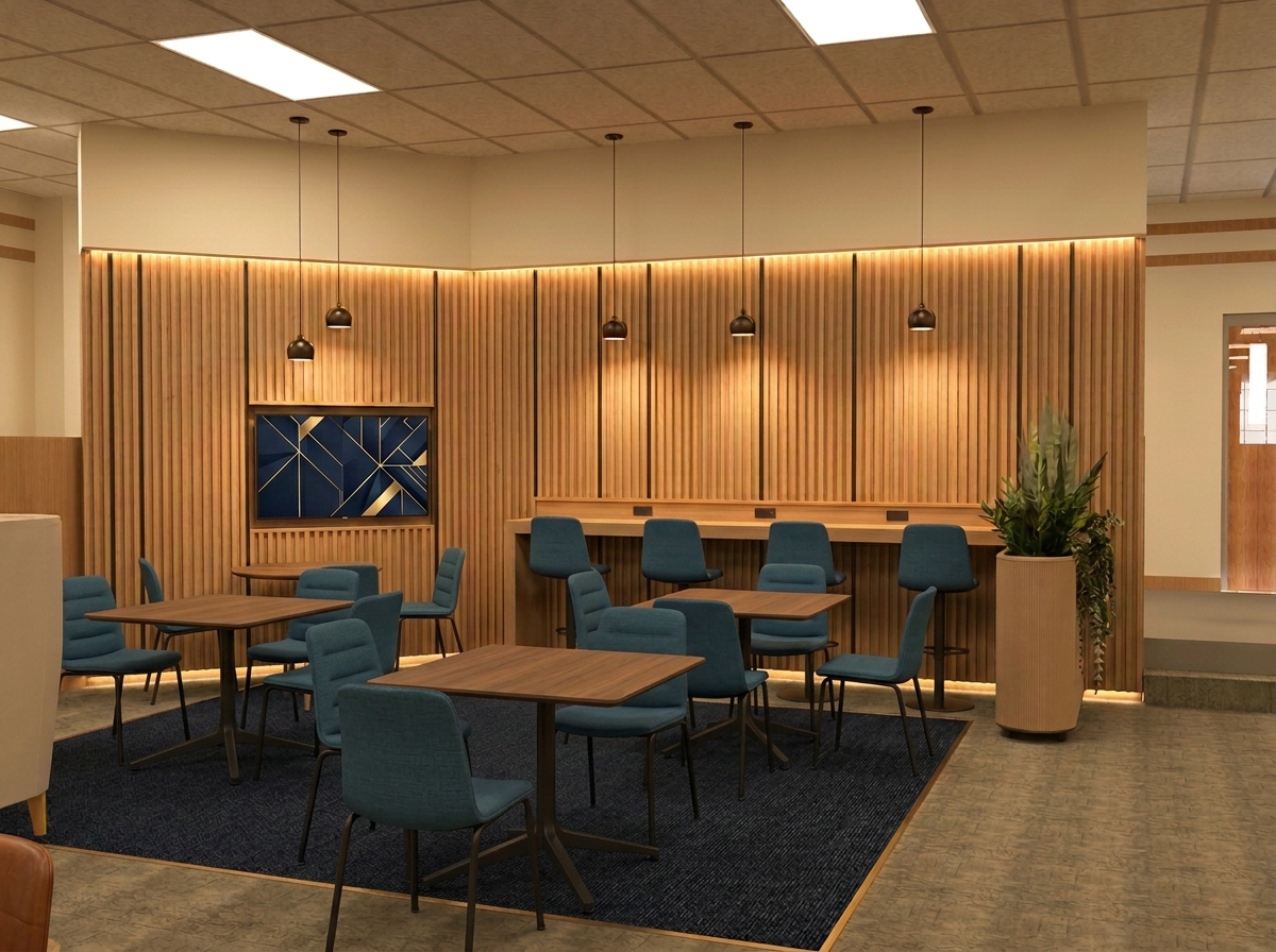 Product study: the café and touchdown zone with specified furniture — square walnut-top tables on matte black four-star pedestal bases and teal upholstered four-leg stacking side chairs with channel-stitched backs, against the fluted oak wall and power counter